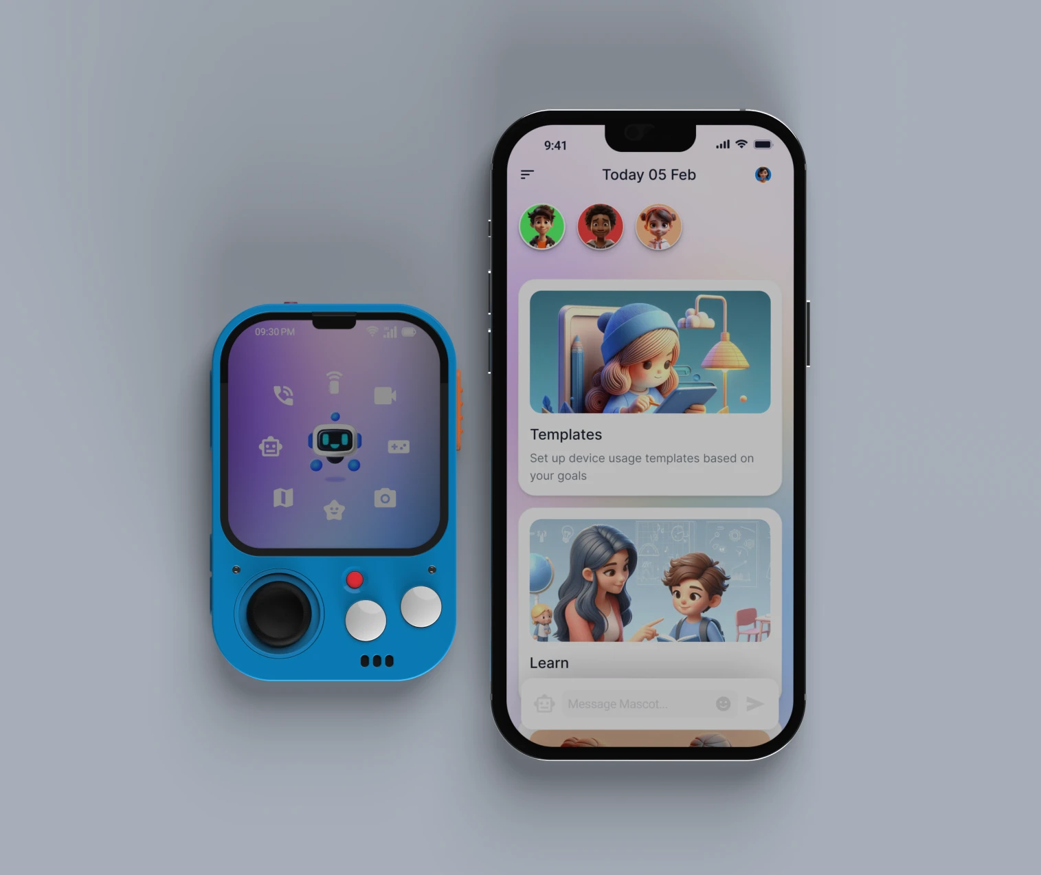 A blue handheld kids device beside a phone showing its companion app, with mascot avatars and activity cards.