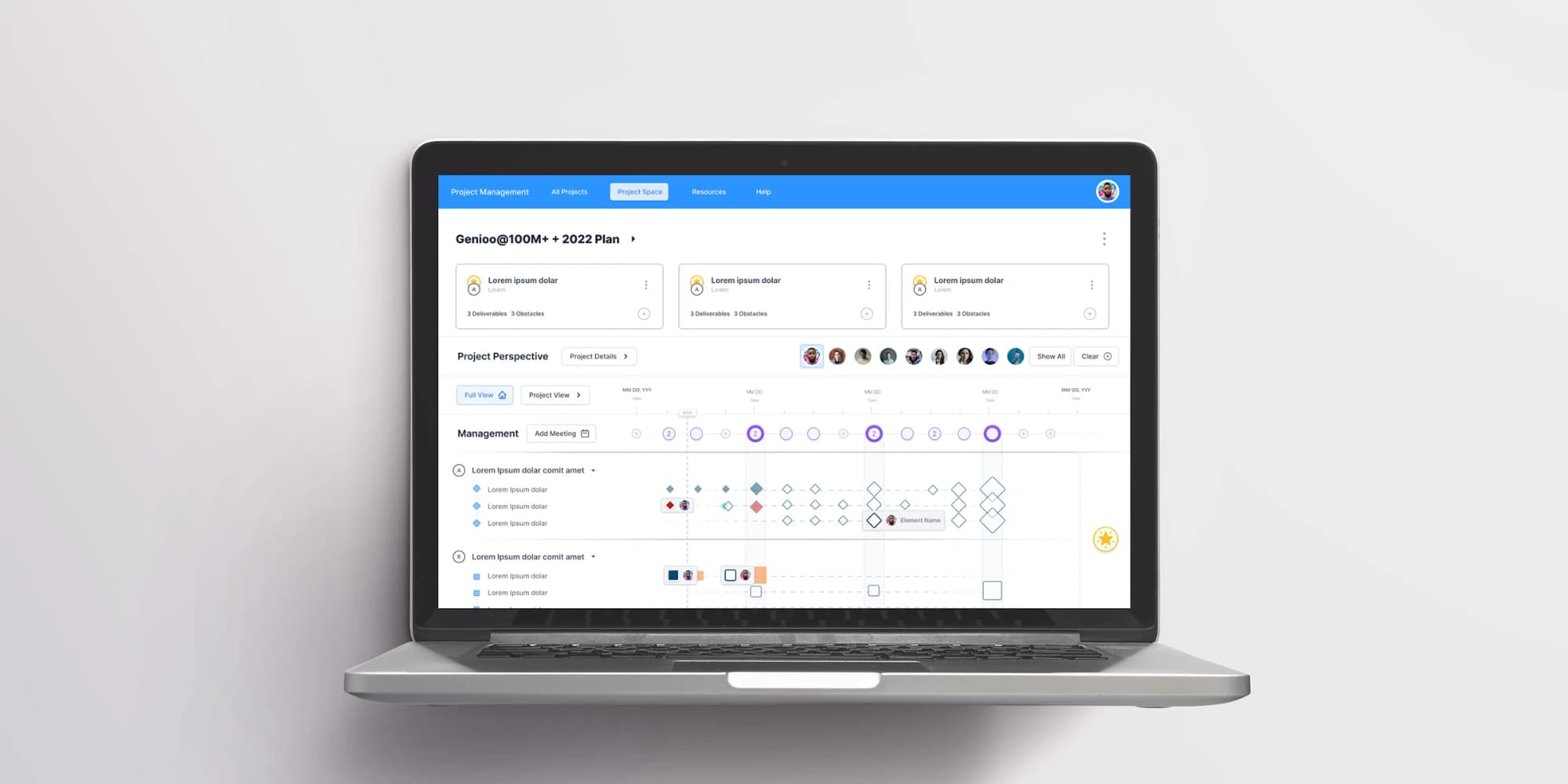 A laptop showing a project planning dashboard with deliverable cards above a team timeline of milestones.