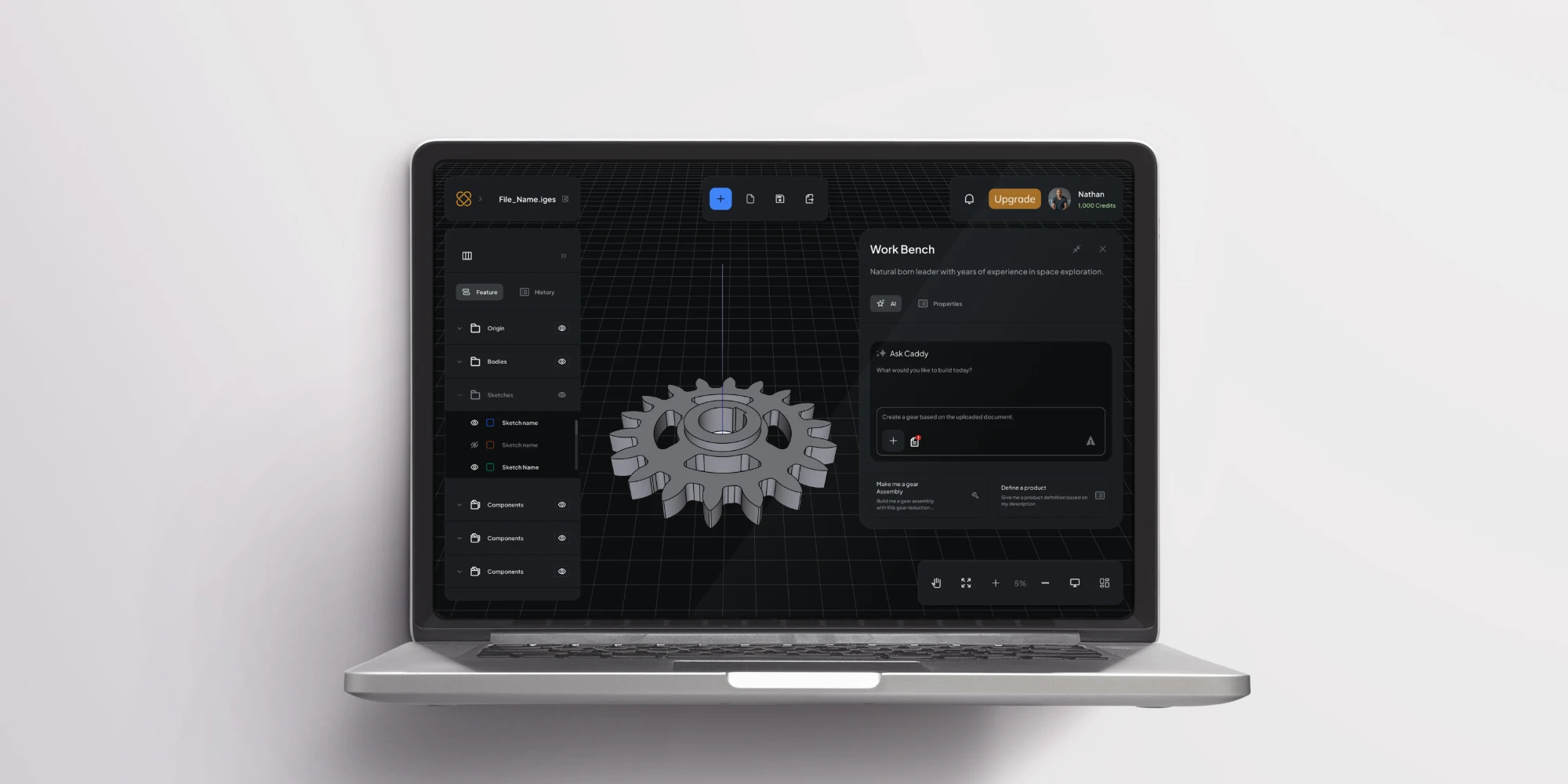 A laptop showing a dark 3D CAD workspace with a gear model beside an AI assistant panel.